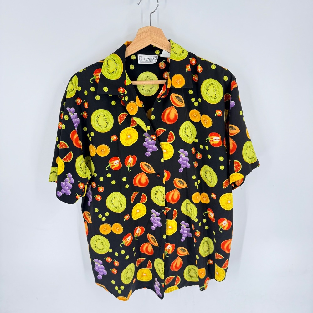 Vintage Le Caviar Fruit Print Button Down Black Medium Tropical Kiwi Retro Bold
